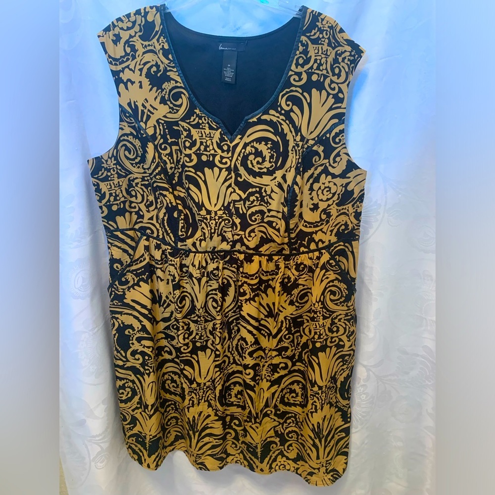 Lane Bryant Gold&Black Lined Brocade Sleeveless Leatherette Trim Dress Size 24